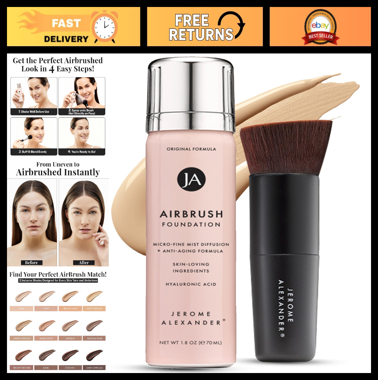 Airbrush Foundation 2pc Set – Light Medium, Kabuki Brush & Mist Spray, Buildable