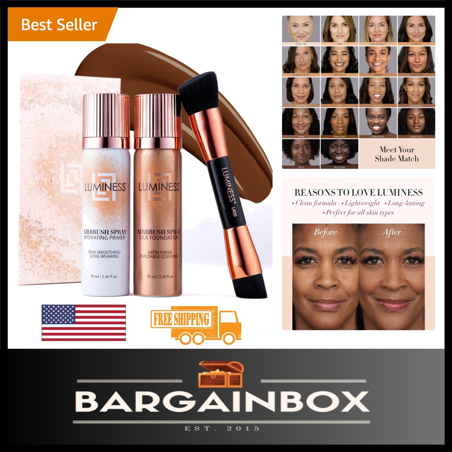 Airbrush Silk Foundation Kit – Deep Dark | Primer & Dual-Sided Brush Included