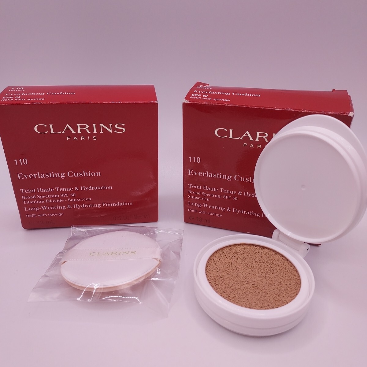 LOT OF 2 Clarins Everlasting Cushion Foundation REFILL w/Sponge HONEY 110 Sealed