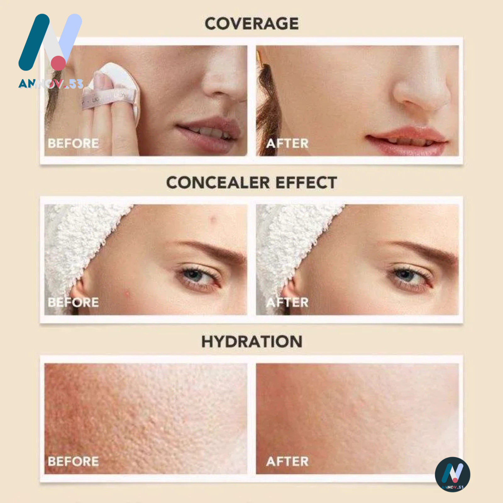 YOU Cushion Foundation Flawless Poreless Full Coverage SPF40 PA+++ UVA UVB Aloe