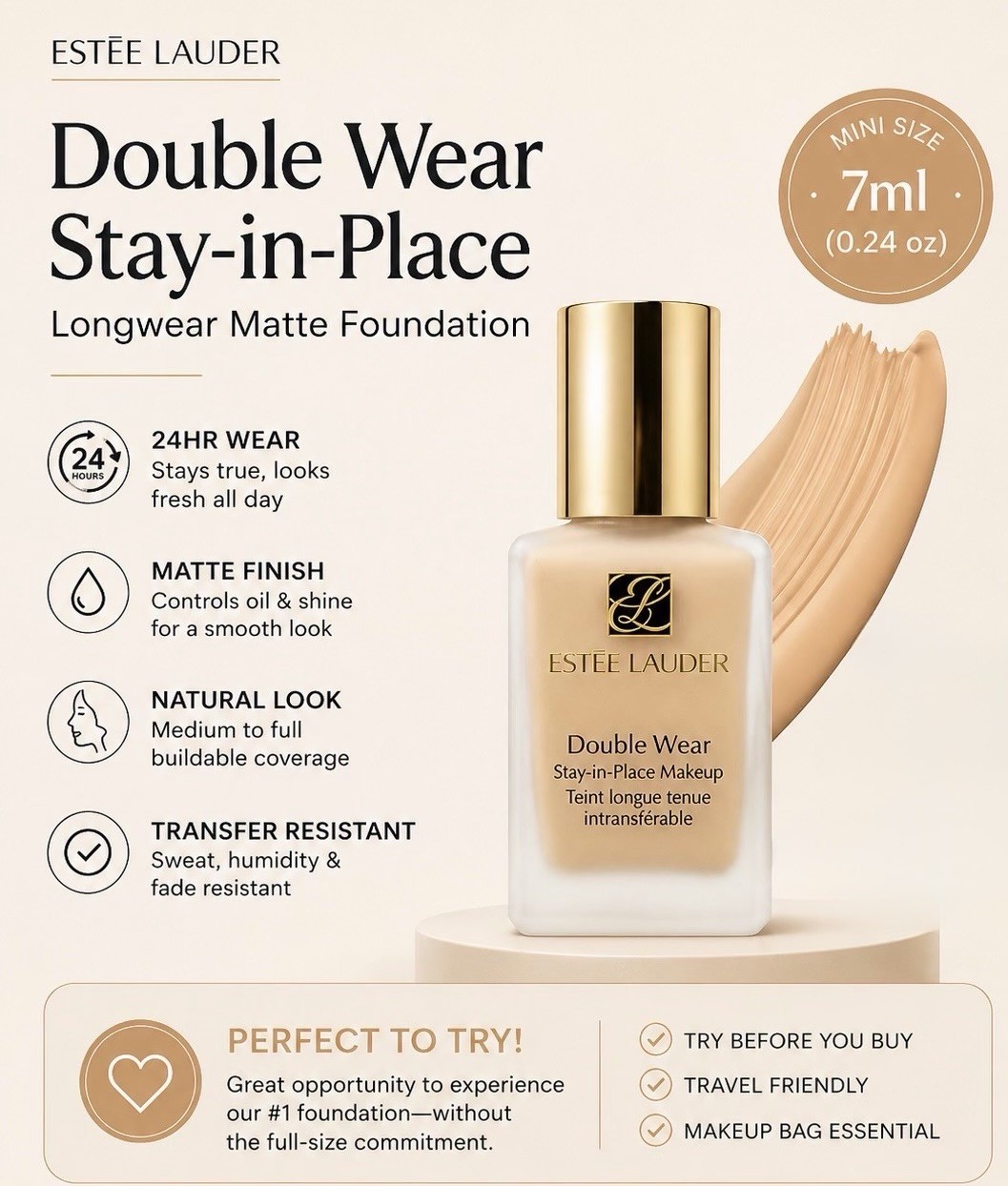 Estée Lauder Double Wear Liquid Matte Foundation Buildable Mini 7ml 0.24oz 1w1