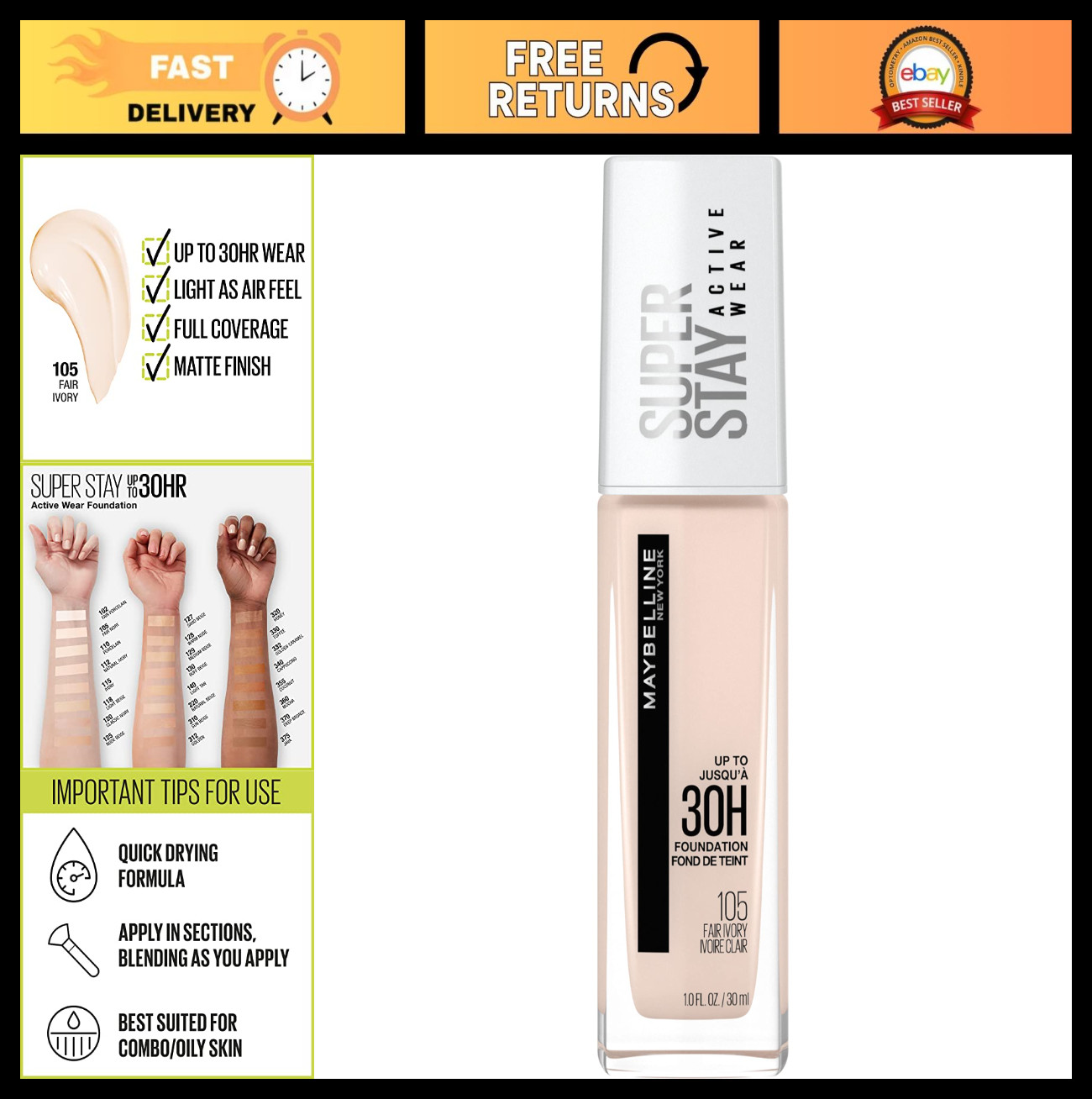 Full Coverage Liquid Foundation – 30Hr Wear, Sweat & Water Resistant, Matte Fini