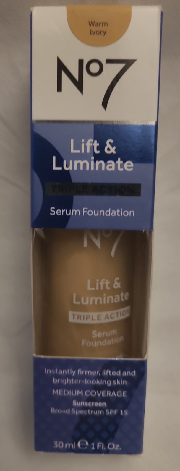 No7 Lift & Luminate Triple Action Serum Foundation, Warm Ivory, 1 fl oz, EXP2028