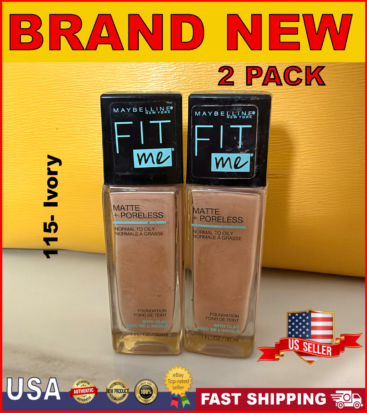 Maybelline Fit Me Matte + Poreless Foundation | Normal to Oily| 115-Ivory| 2PK