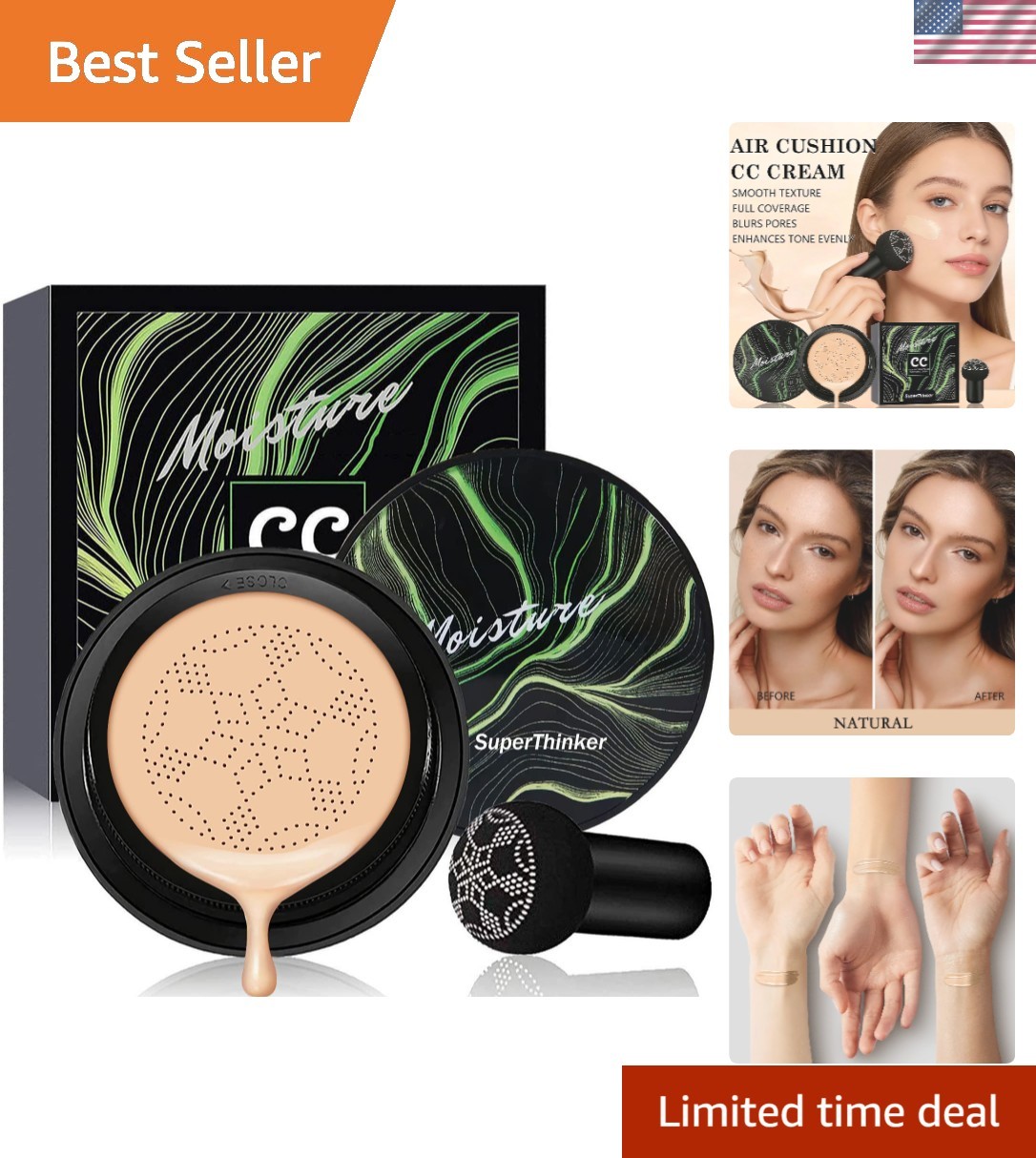 Lightweight Air Cushion CC Cream – Flawless Skin Tone with Full Coverage, 1.5oz