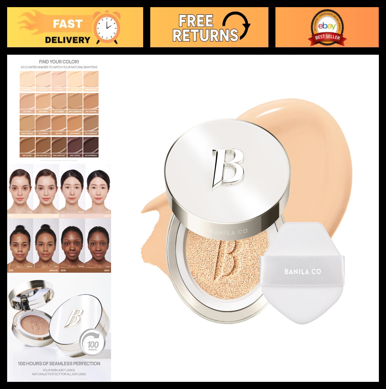 Ultimate Cover Cushion Foundation – Pore Blurring, Long-Wear Matte, 20 Shades