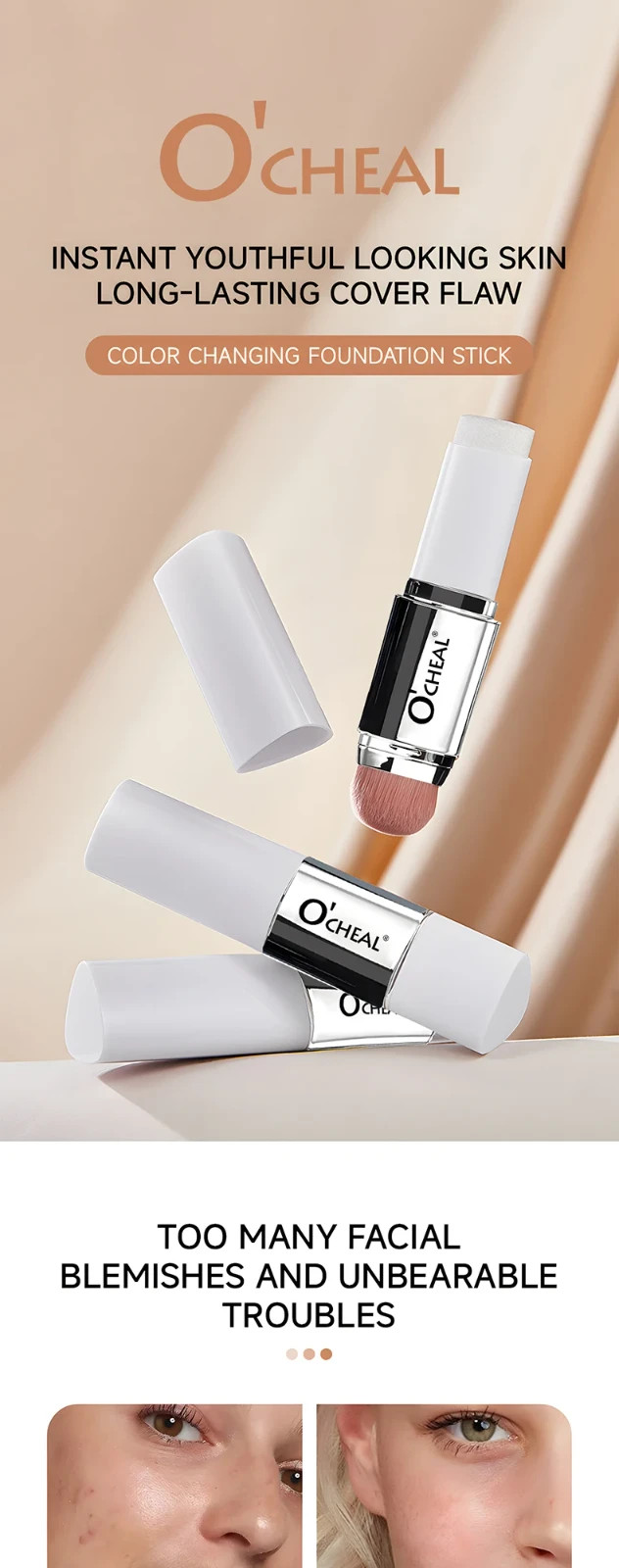 O’cheal Temperature Changing Foundation Stick Matte Full Coverage Cream Brush