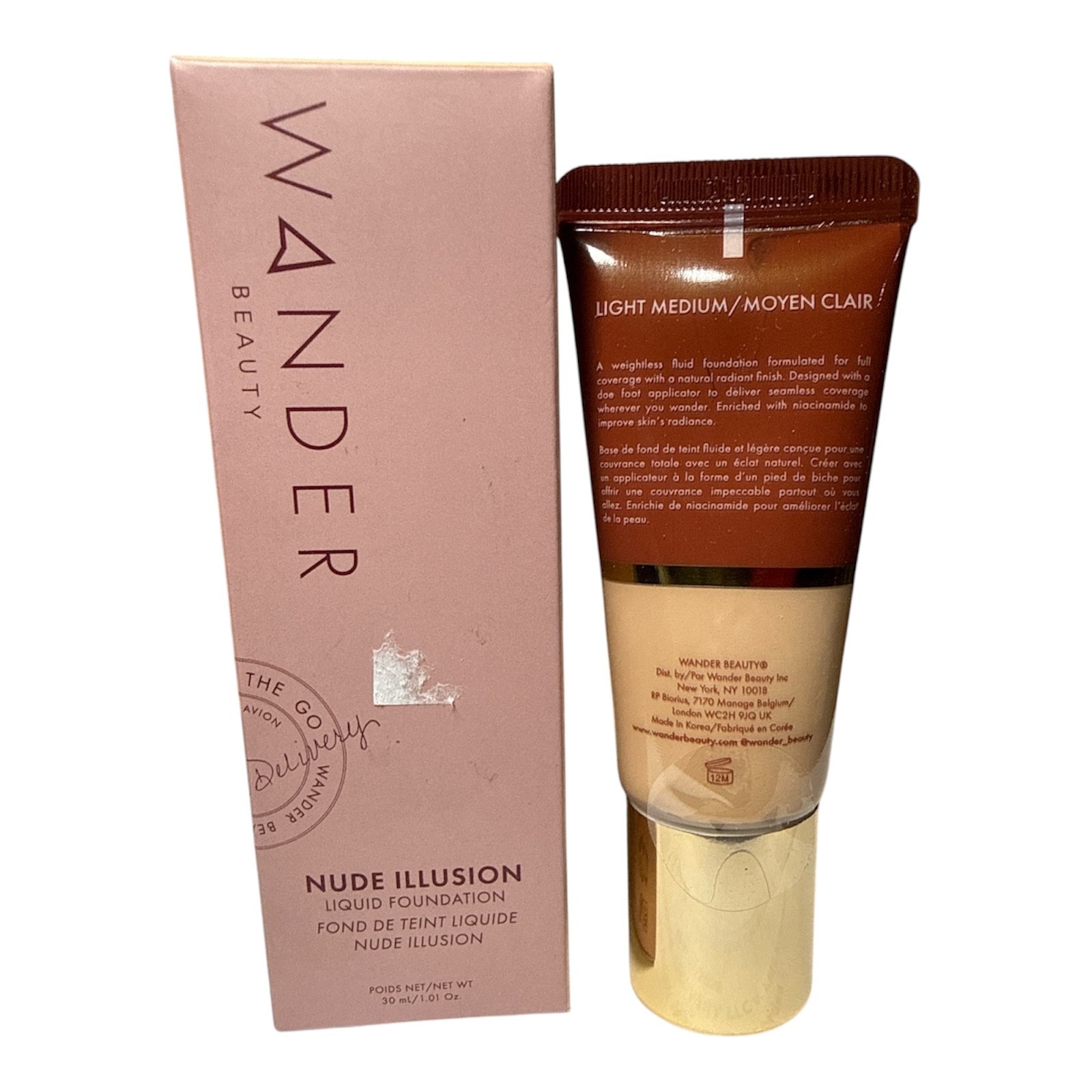 WANDER BEAUTY Nude Illusion Liquid Foundation, LIGHT MEDIUM, 1 Fl Oz / 30mL NIB