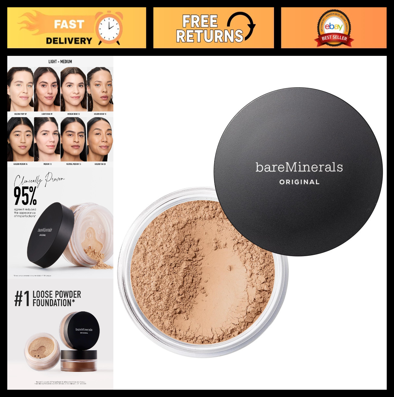 Loose Powder Foundation SPF 15 – Sheer to Full Coverage Face Makeup, Sun Protect