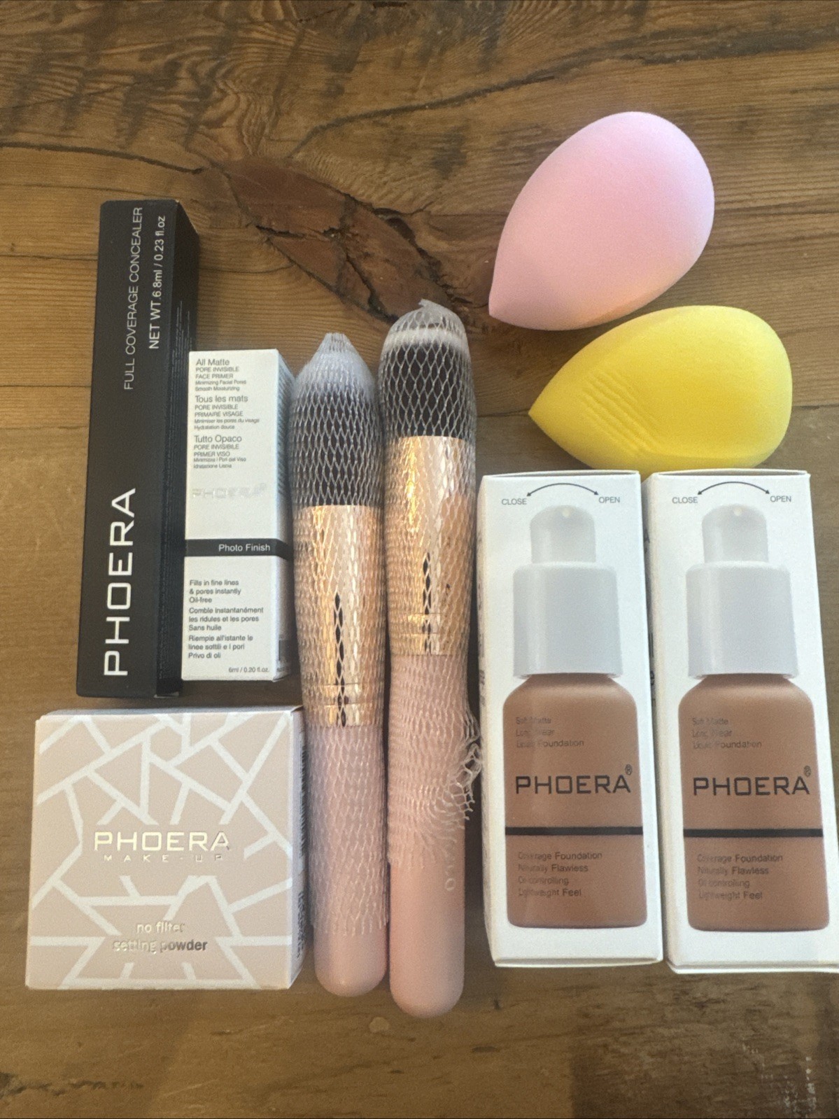 PHOERA Makeup Set 9pc Flawless Foundation, Concealer Primer Brushes 111 Chestnut
