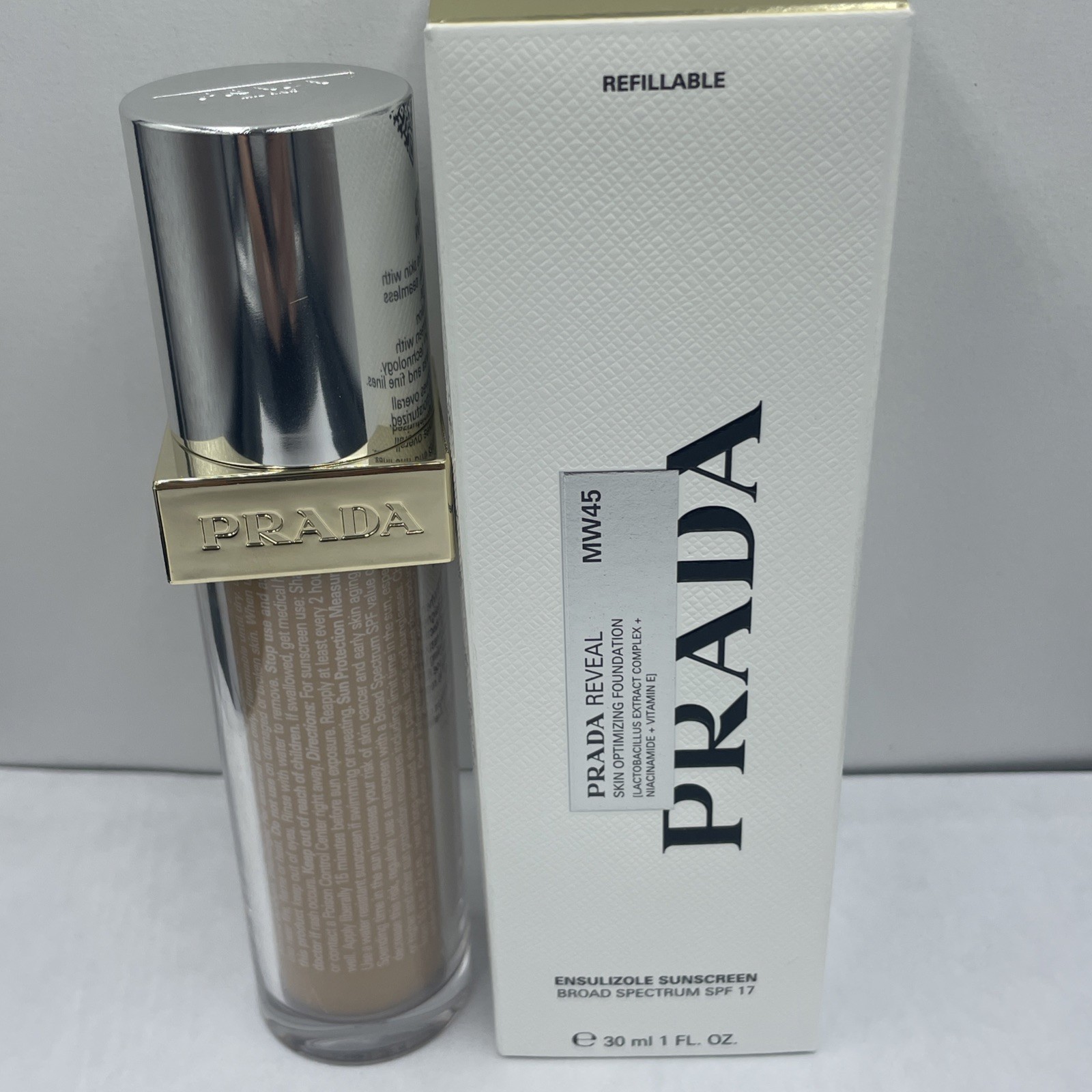 Prada Reveal MW45 Foundation Makeup Refillable NEW SPF 17 Warm Undertones