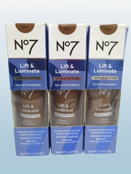 NO7 LIFT & LUMINATE TRIPLE ACTION SERUM FOUNDATION SPF 15 UMBER 1 OZ BOXED 3PCS