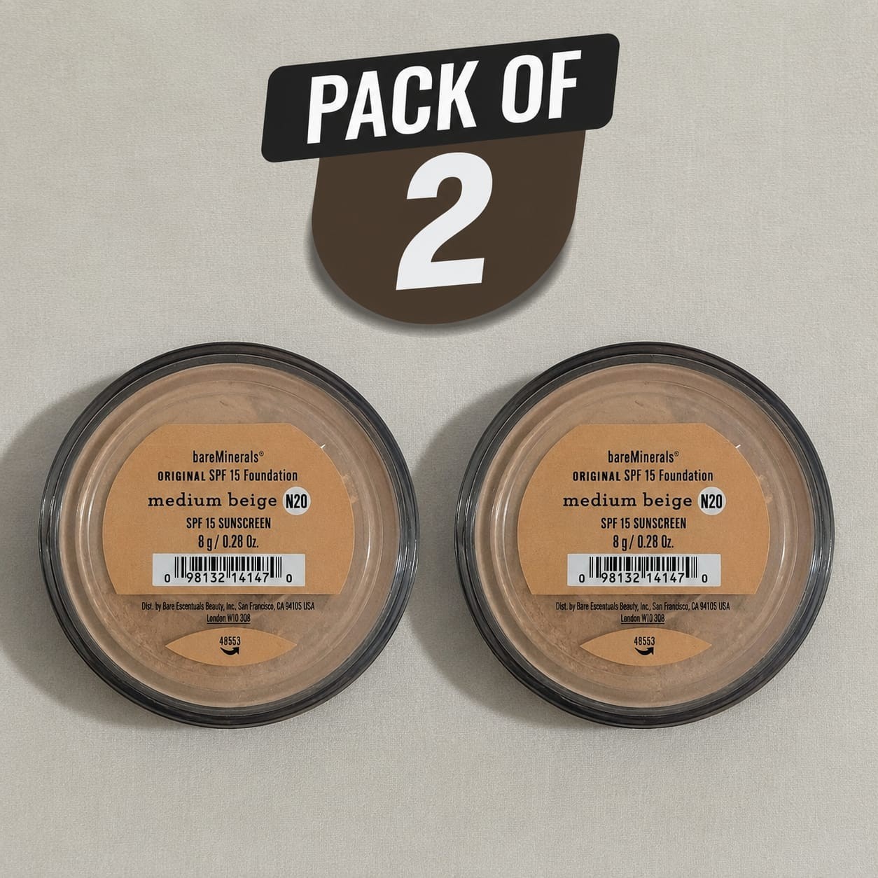 Pack of 2 bareMinerals Original Foundation N20 Medium Beige SPF 15 8g New Set