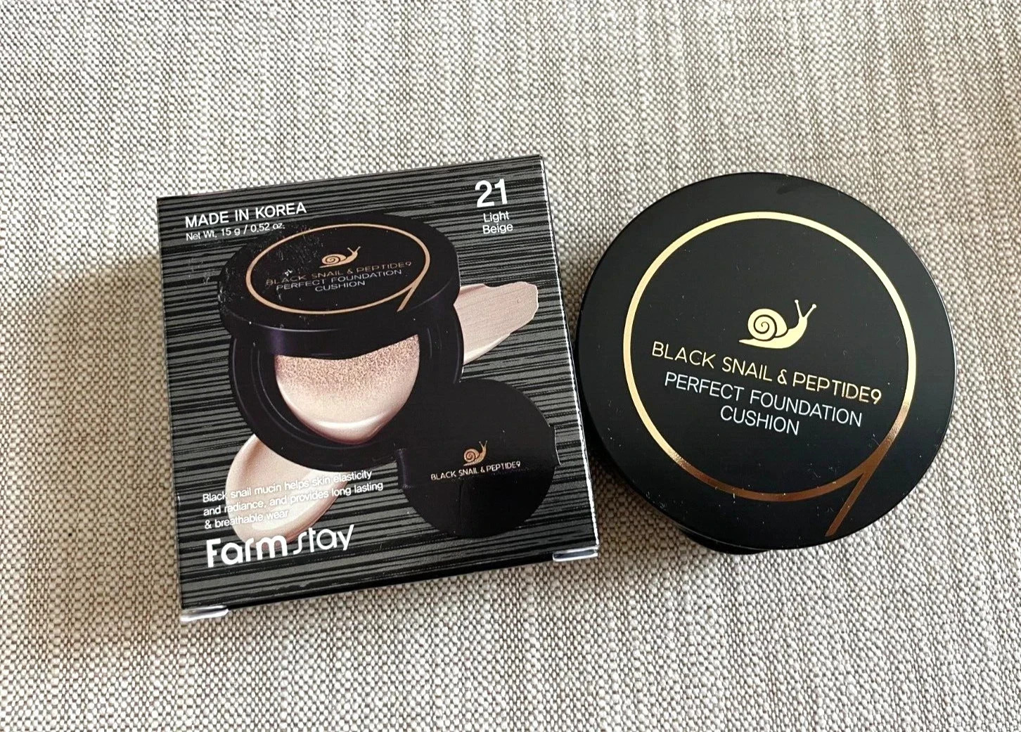 Farmstay Black Snail & Peptide 9 Perfect Foundation Cushion, #21 or #23