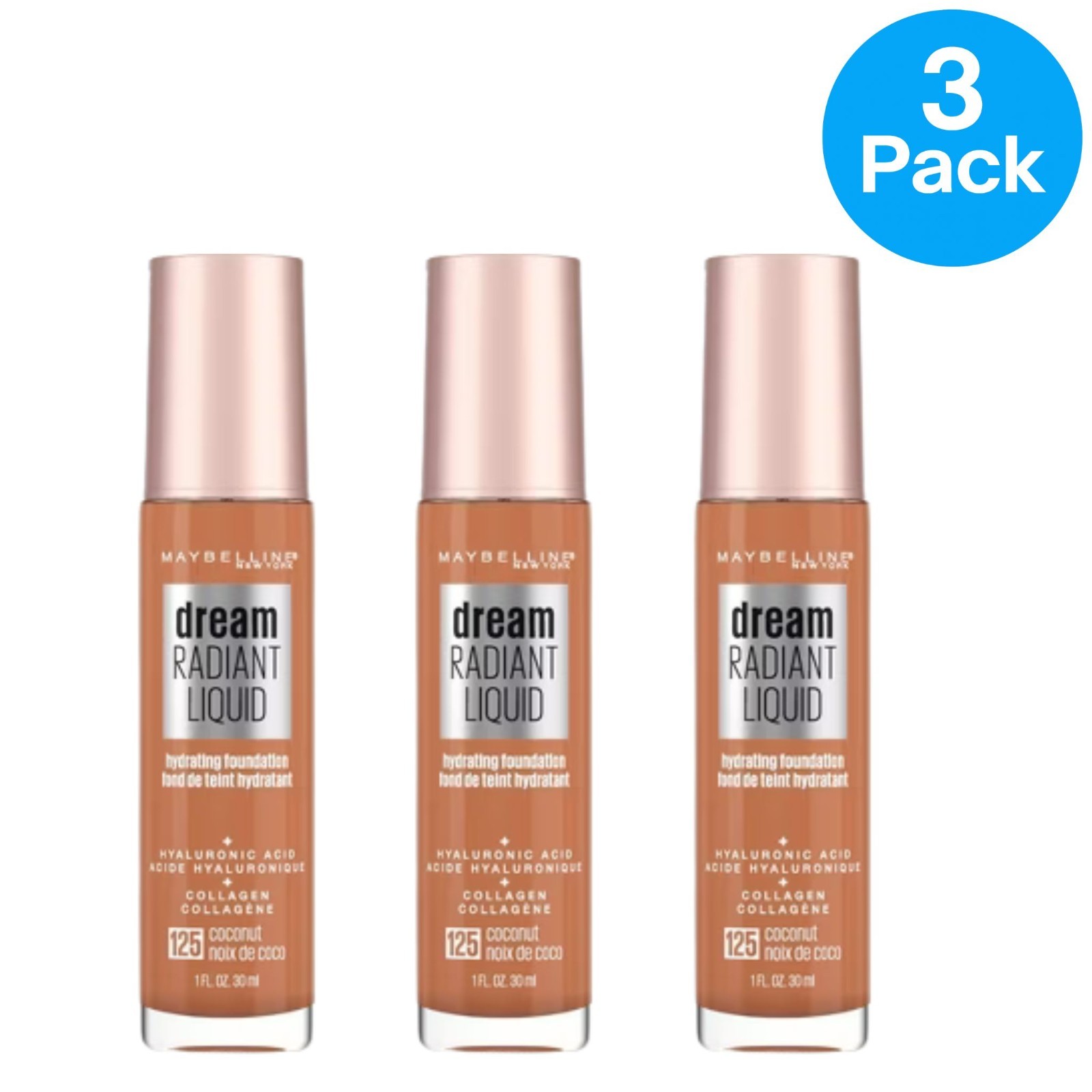 Maybelline Dream Radiant Liquid Foundation #125 Coconut 1oz – 3 Pack – New