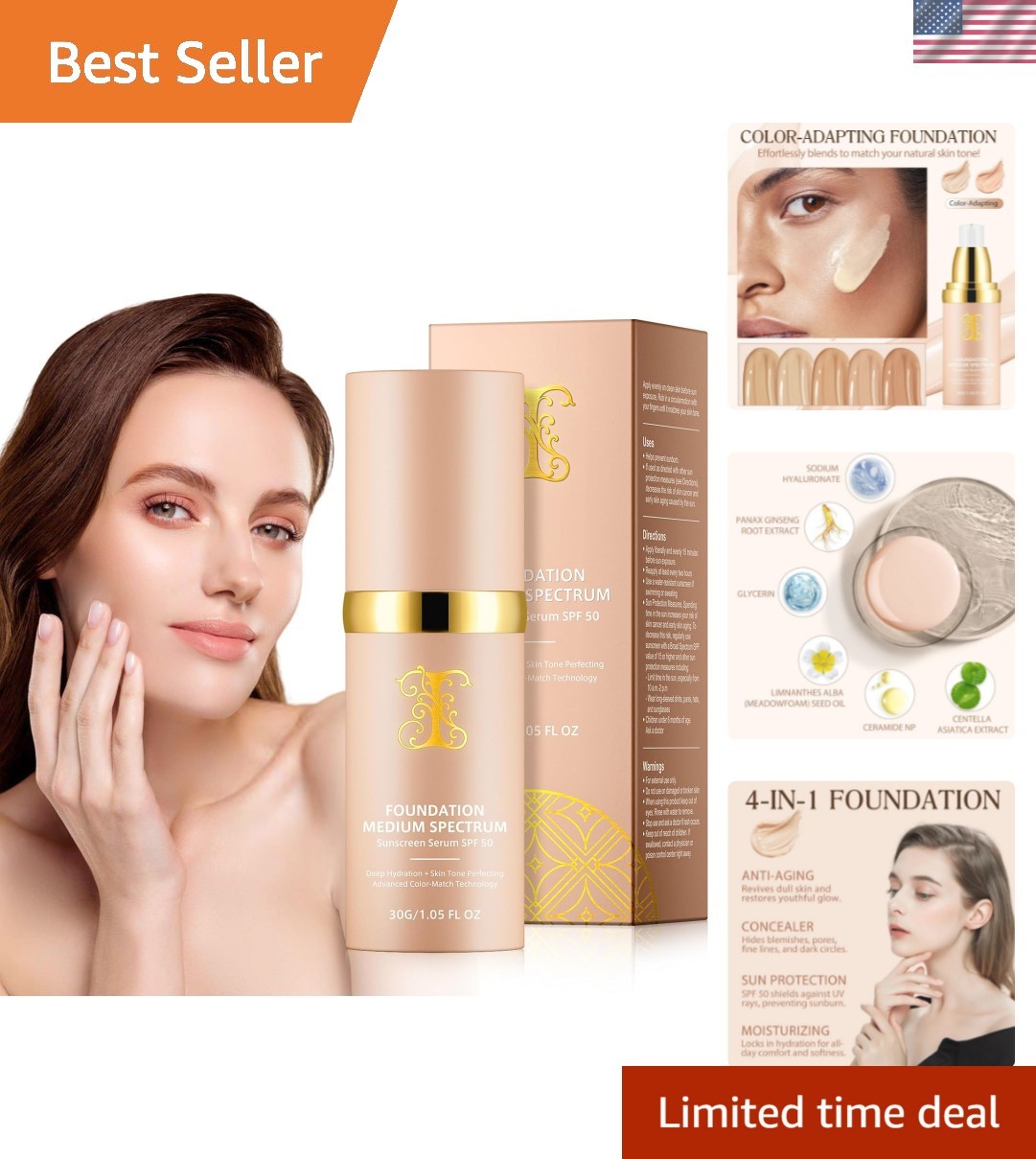 Longwearing SPF 50+ Foundation Liquid – Multi-Functional Hydrating Makeup, 30ml