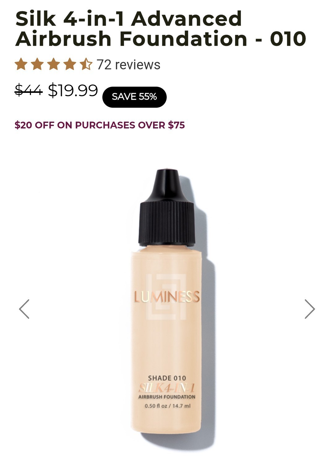 Luminess Air Silk 4-in-1 Airbrush Foundation 010 Shade 0.50 fl oz (14.7 Ml)