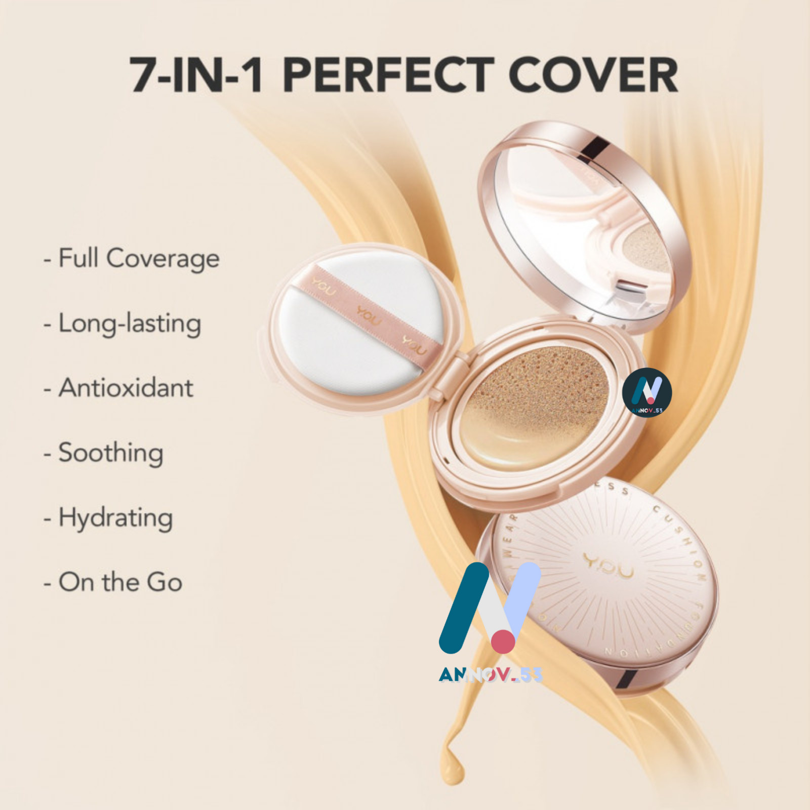 YOU Cushion Foundation Flawless Poreless Full Coverage SPF40 PA+++ UVA UVB Aloe