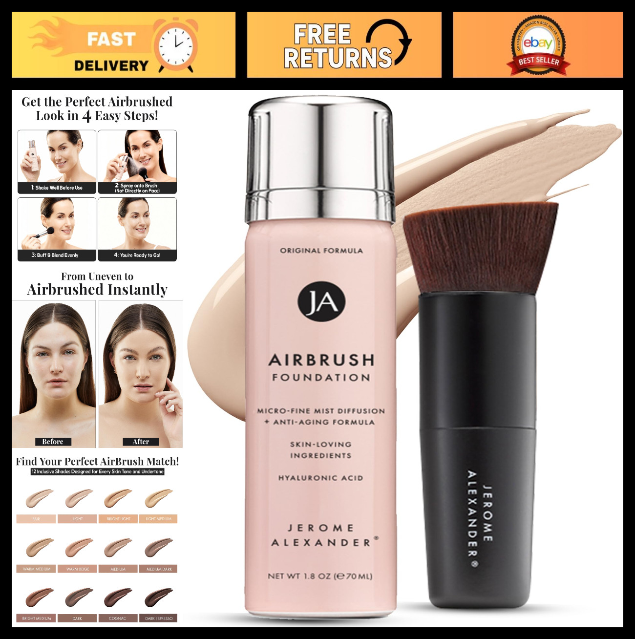 Magic Minerals Airbrush Foundation 2pc Set – Fair | Kabuki Brush, Mist Spray, Bu