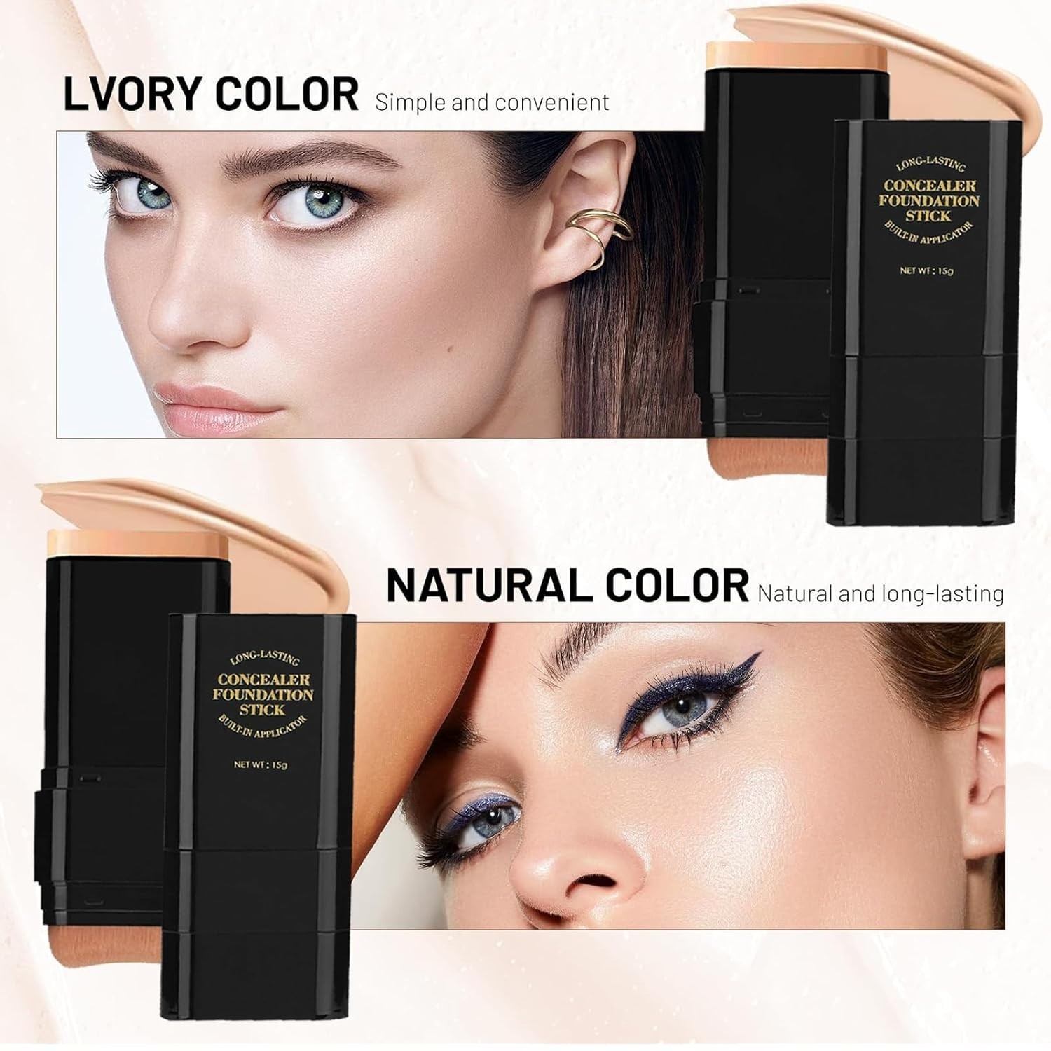 2-in-1 Foundation Stick: Waterproof Concealer & Contour with Brush, 02 Natural