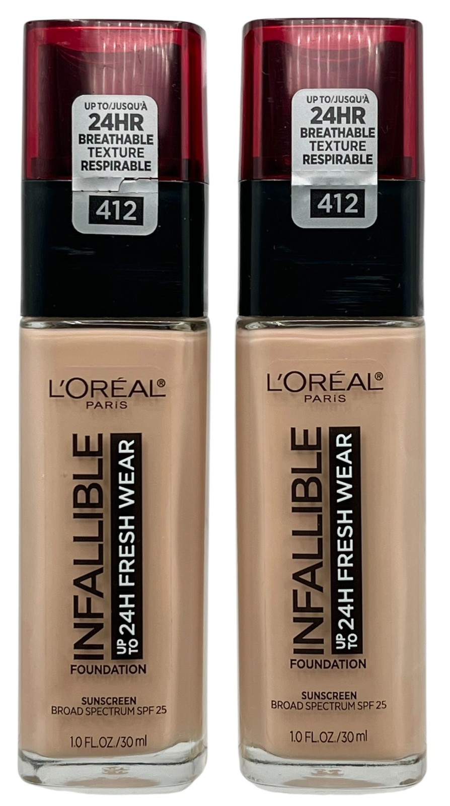 2X L’Oreal Paris Infallible 24 HR Fresh Wear Liquid Foundation 412 Warm Ivory