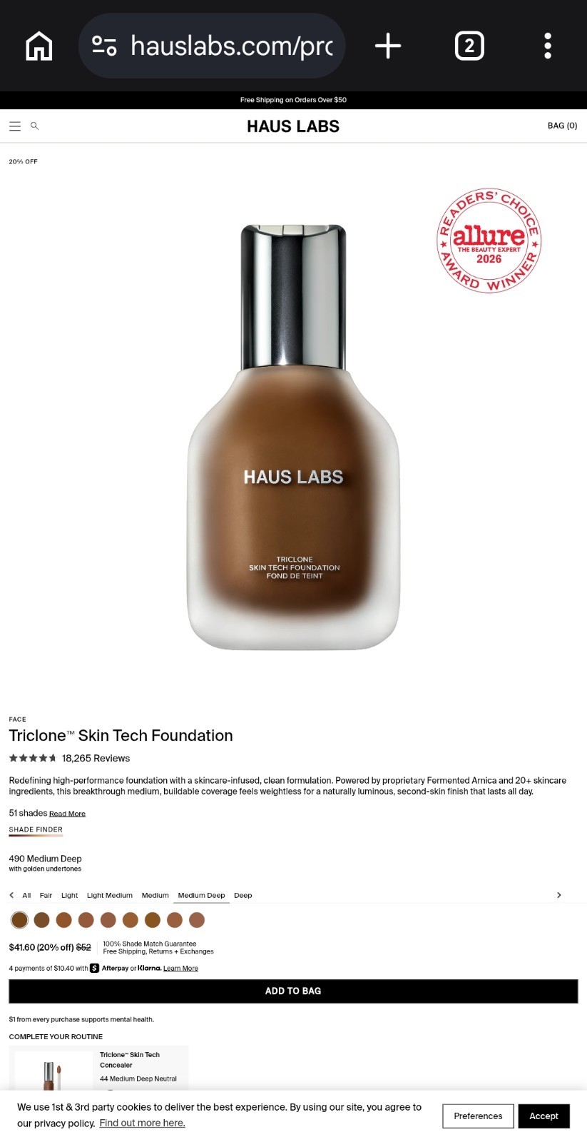 Haus Labs Triclone Skin Tech Foundation 490 Medium Deep New Sealed.