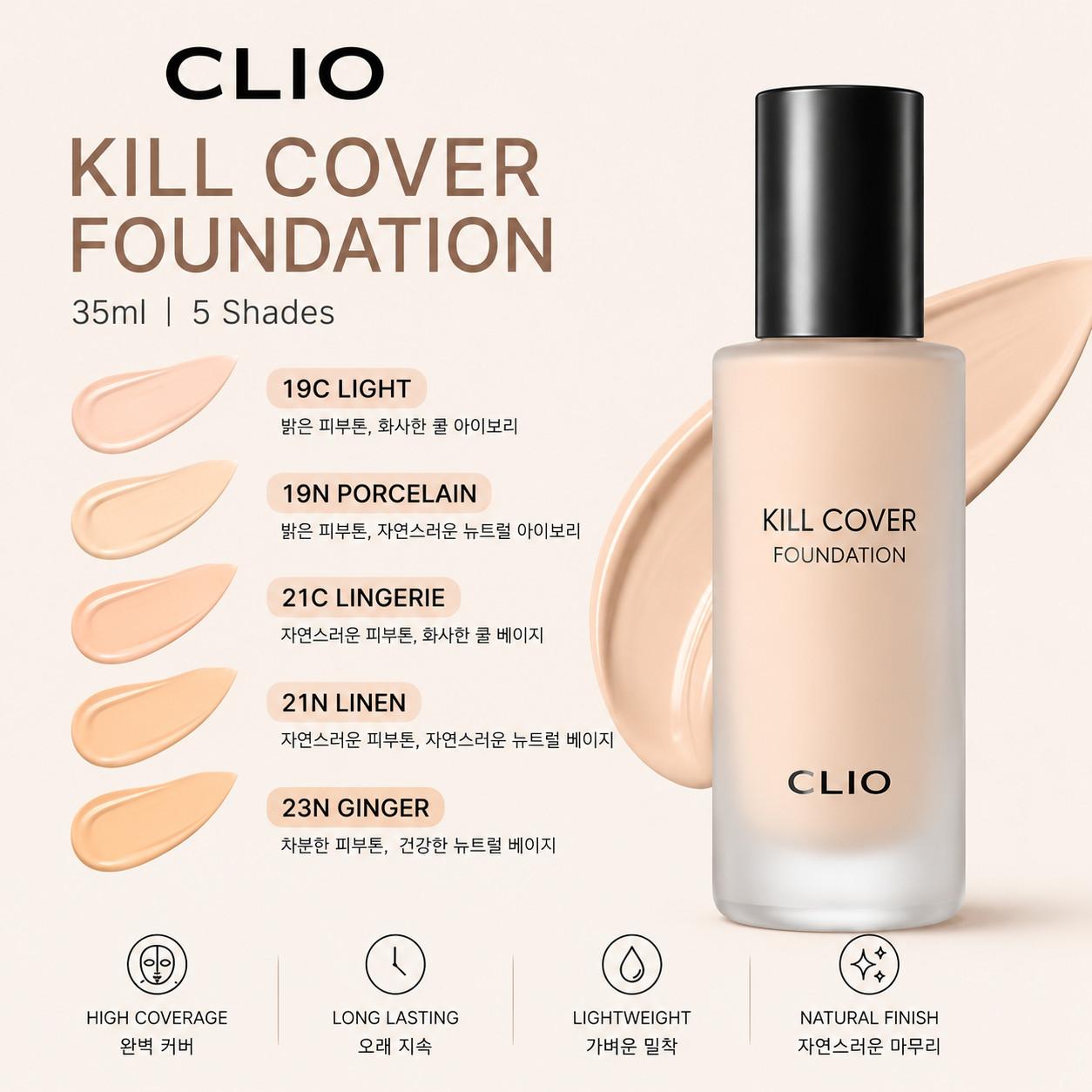 CLIO Kill Cover Foundation 35ml – Skin-Friendly K-Beauty Makeup