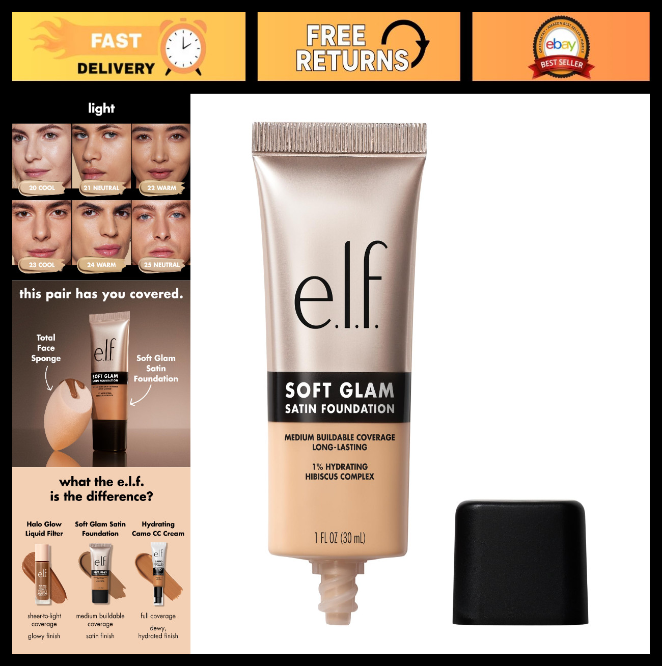 Medium Coverage Buildable Foundation – Long-Lasting Satin Finish, Vegan, 21 Ligh