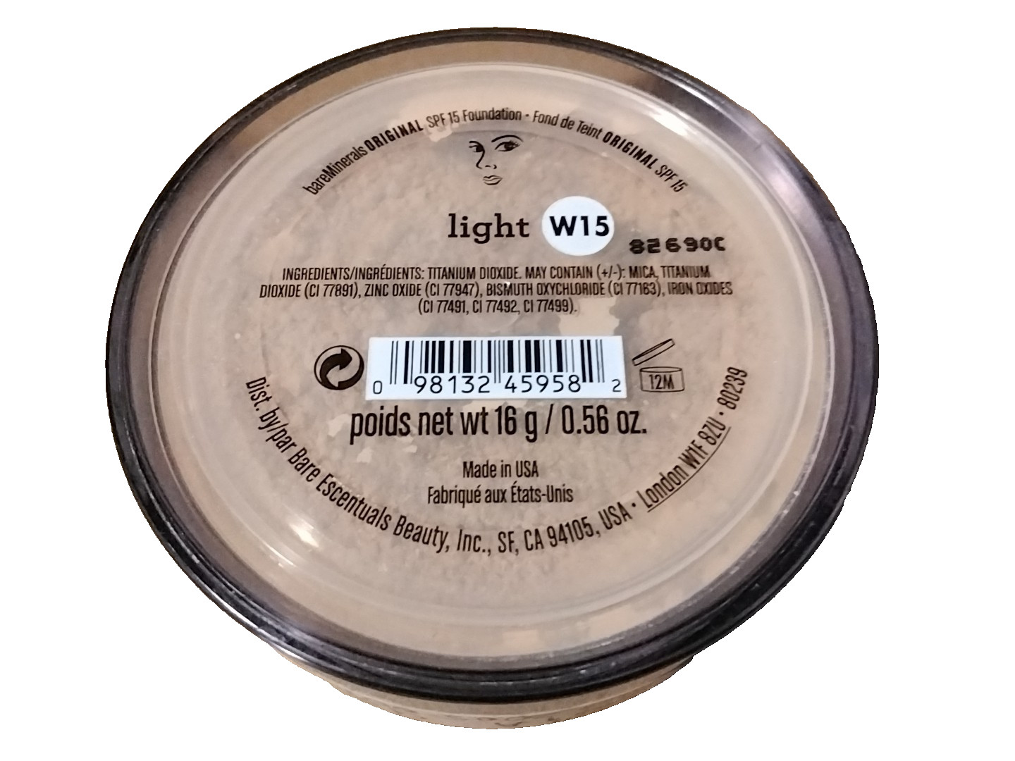 Bareminerals Original LOOSE POWDER Foundation SPF 15 Light W15 – 16G /0.56 OZ XL