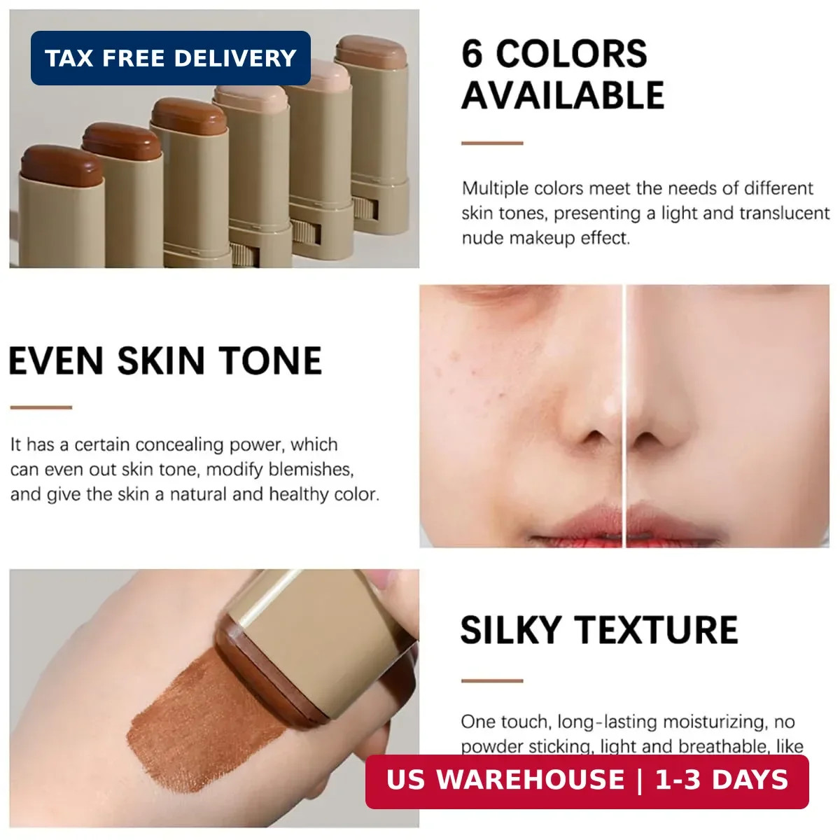 6 Colors Foundation Stick Beauty Balm Serum Boosted Skin Tint, Long-Lasting Cove