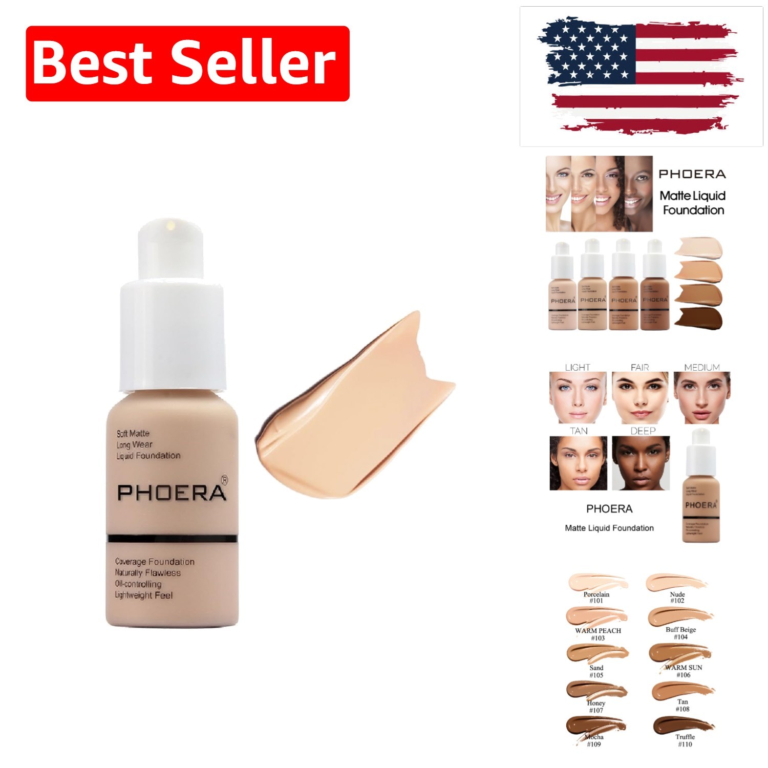 PHOERA Foundation, Flawless Soft Matte Liquid Foundation 24 HR Oil Control Co…