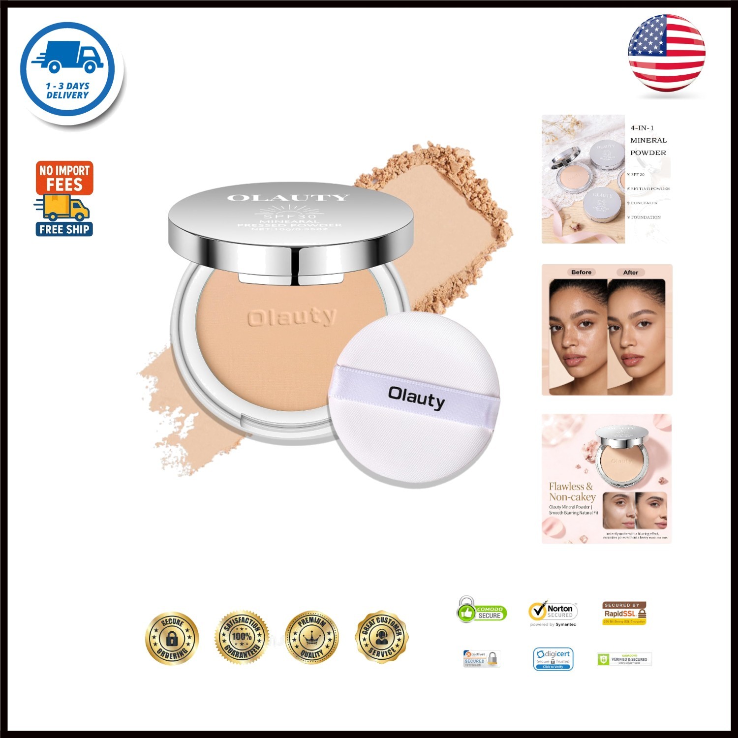 Mineral Powder Foundation with SPF 30,4-In-1 Sunscreen Pressed Powder,Foundation