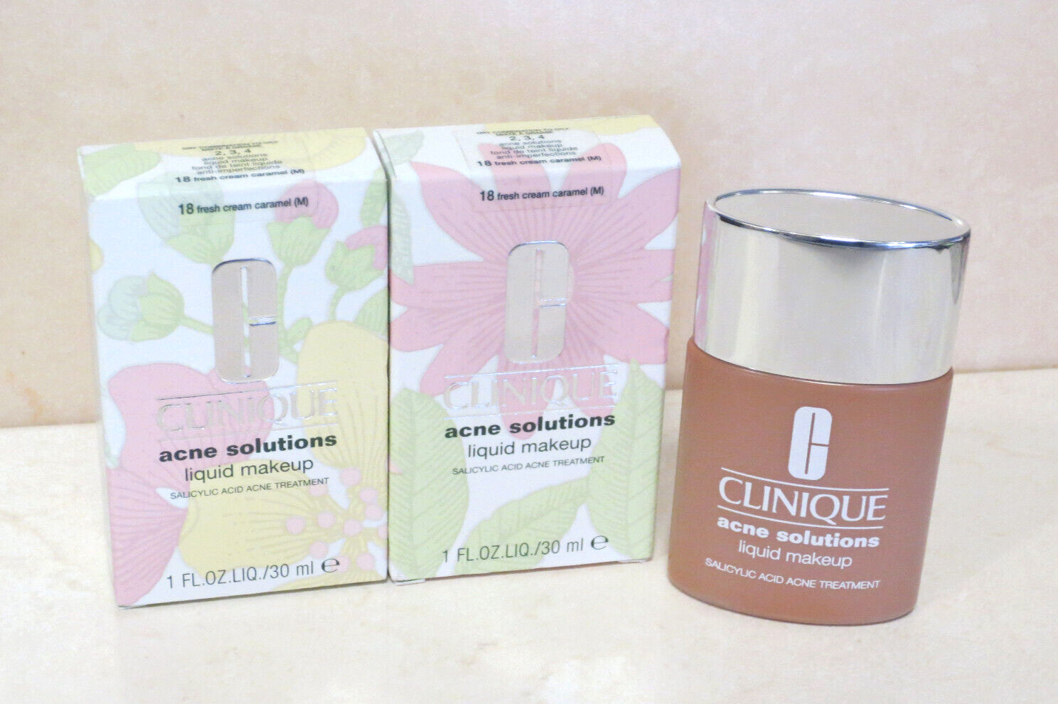 (2) CLINIQUE ACNE SOLUTIONS LIQUID MAKEUP SHADE 18 FRESH CREAM CARAMEL (M) 1 OZ