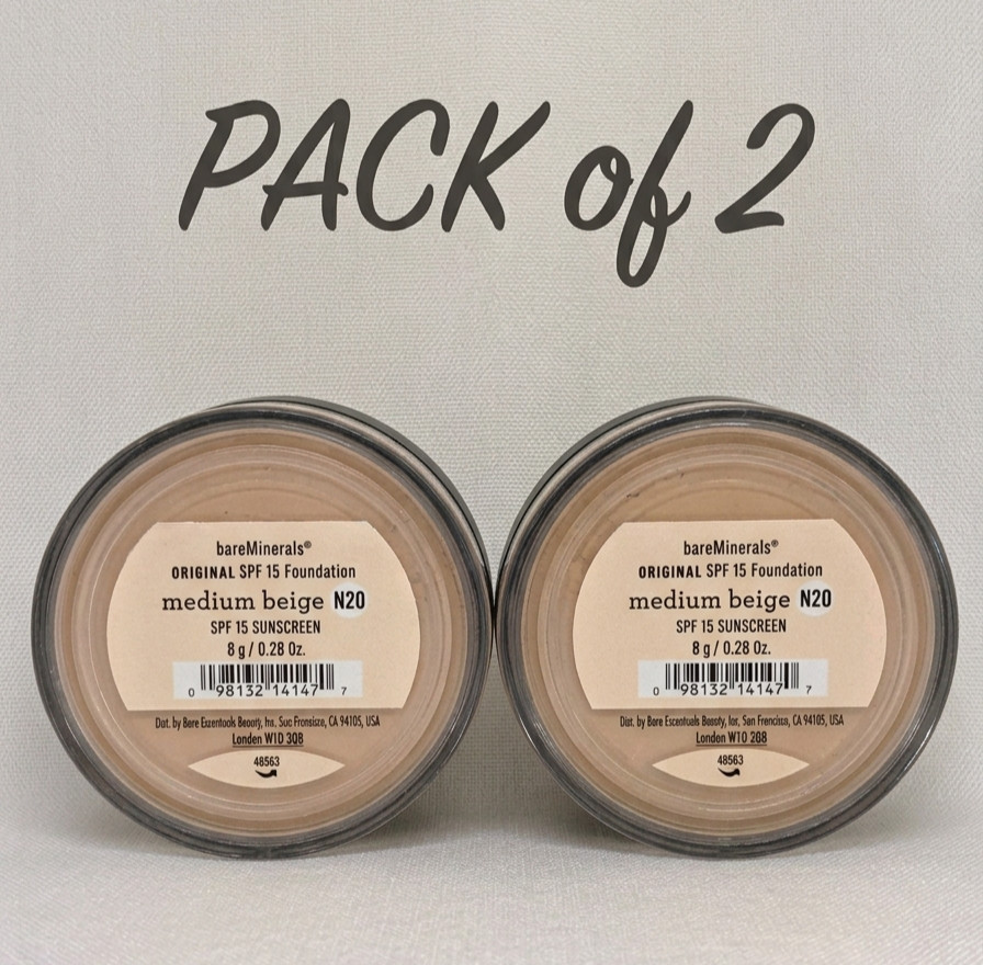 Pack of 2 bareMinerals Original SPF 15 Foundation Medium Beige N20 8g Full Size