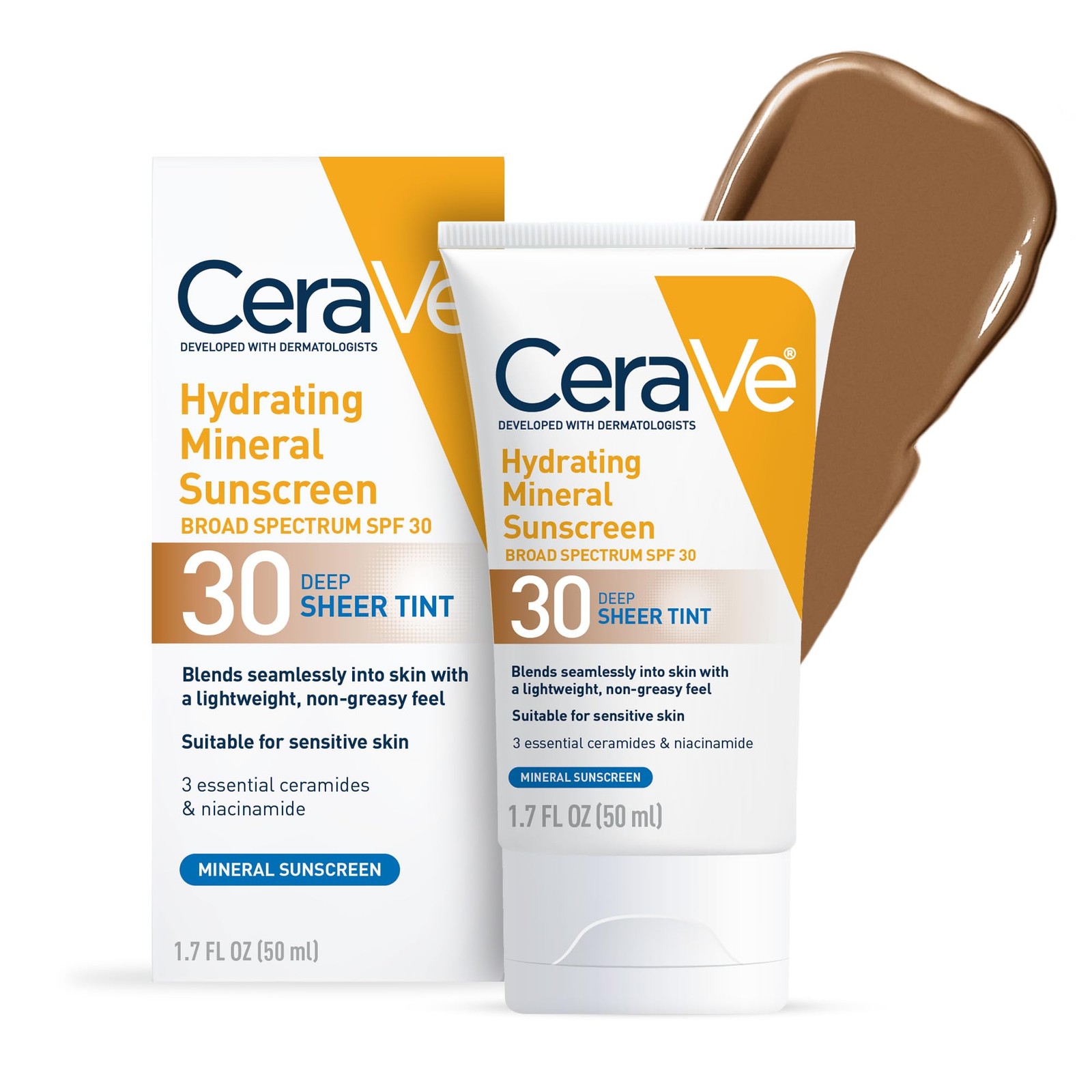 CeraVe Hydrating Mineral Sunscreen SPF 30 with 1.7 Fl Oz (Pack of 1), Deep