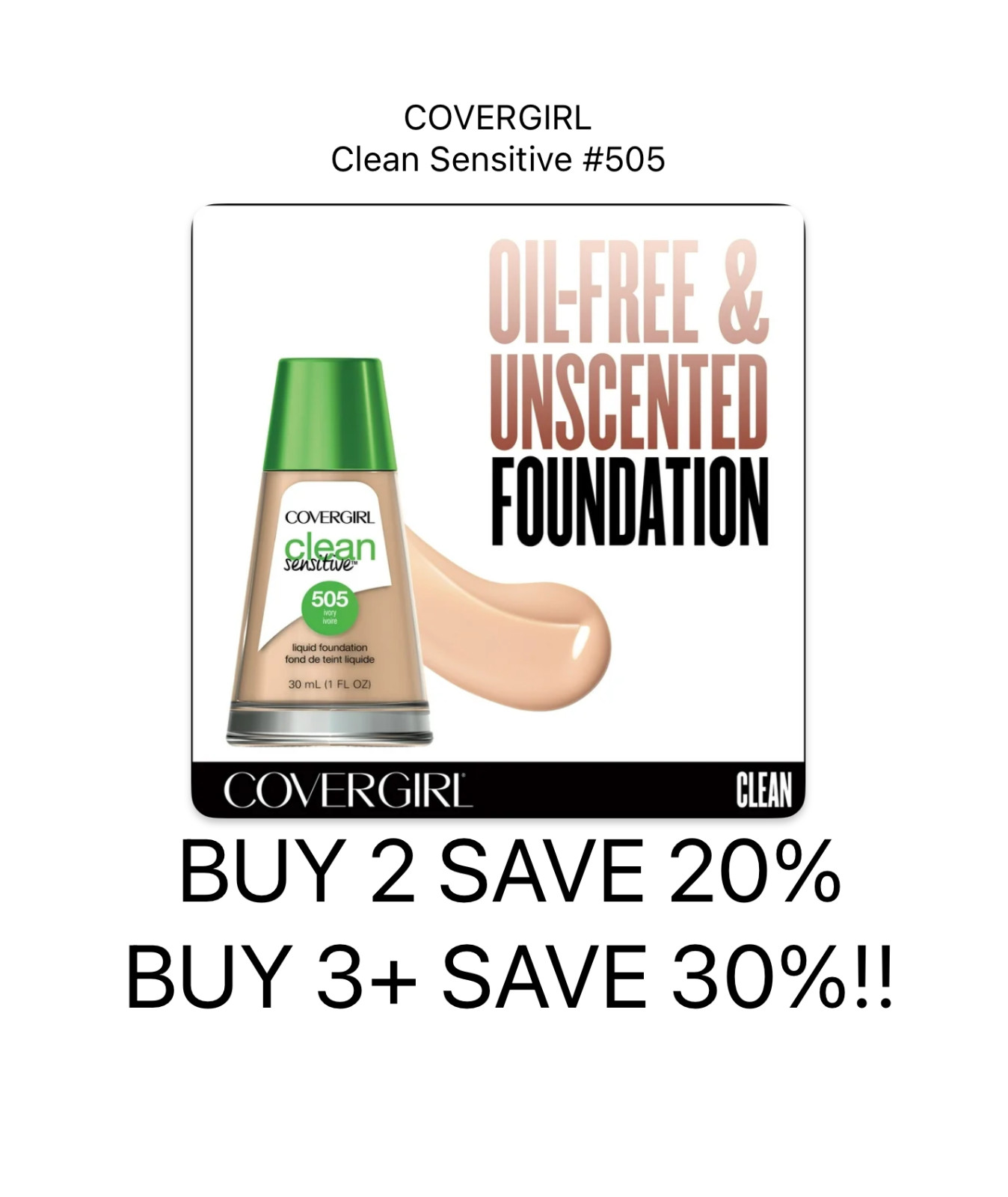 Covergirl Clean Sensitive Skin Liquid Foundation Ivory 505 BUY More & SAVE!