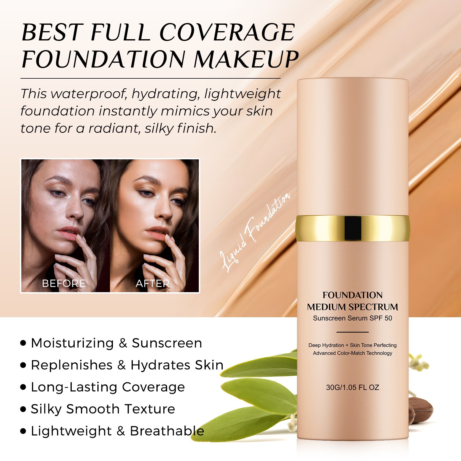 Colour Changing Foundation Liquid 4in1 Oil-free BB Cream Makeup, Nude face