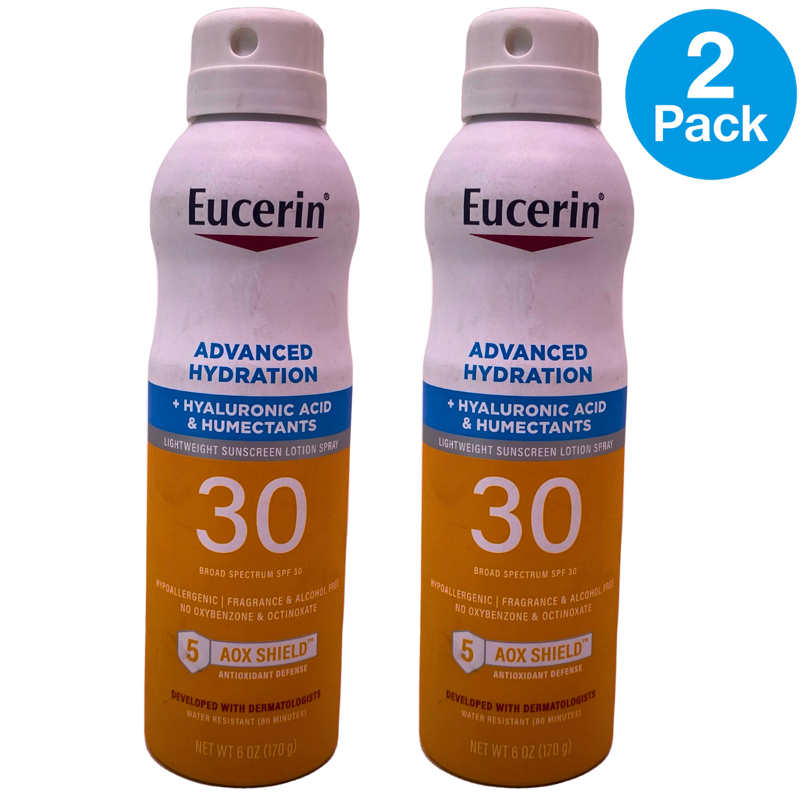 Eucerin Advanced Hydration SPF 30 Sunscreen Spray 6 oz 2 Pack New Exp 01/2028