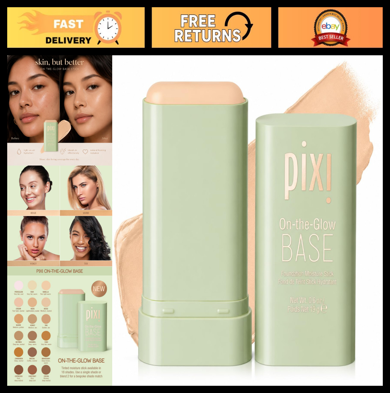 Tinted Moisturizer Foundation Stick – Medium Beige, Hydrating Glow, 0.6 oz