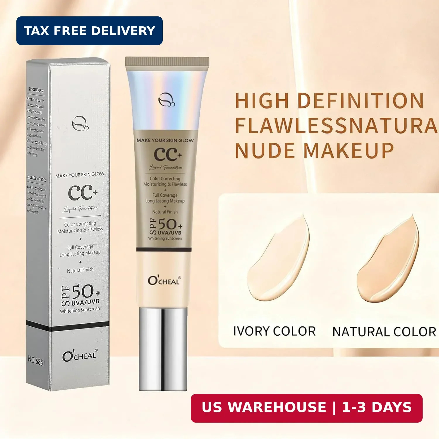 O’CHEAL CC+ Cream SPF50+ Full Coverage Color Correcting Liquid Foundation