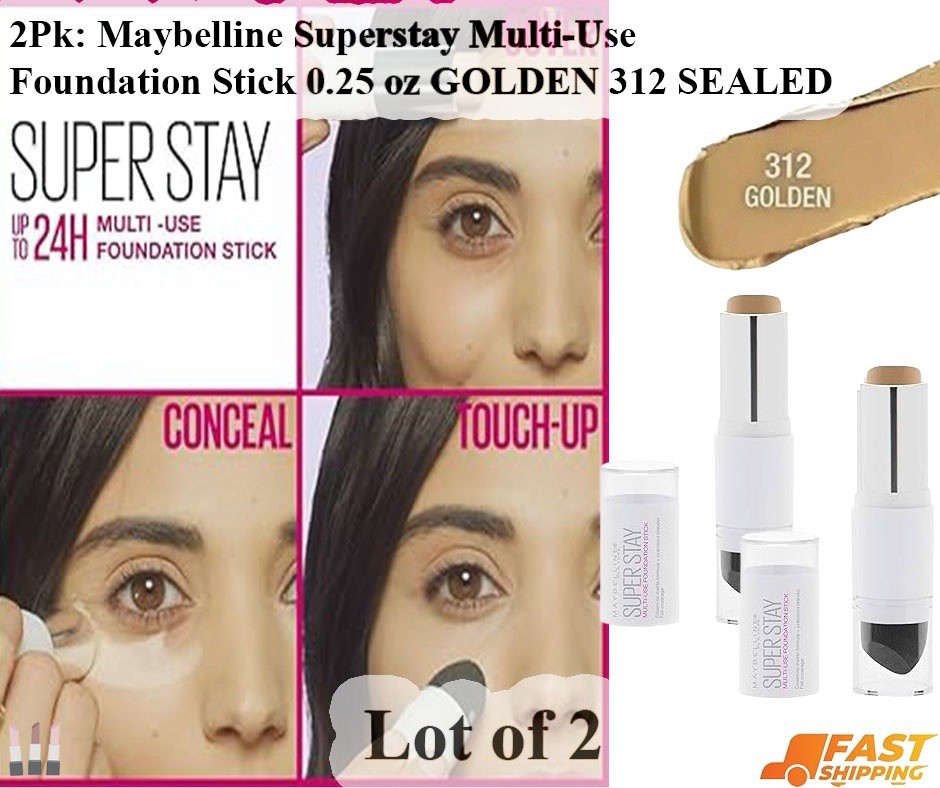 2 Maybelline Superstay Multi-Use Foundation Stick 0.25 oz GOLDEN 312 SEALED