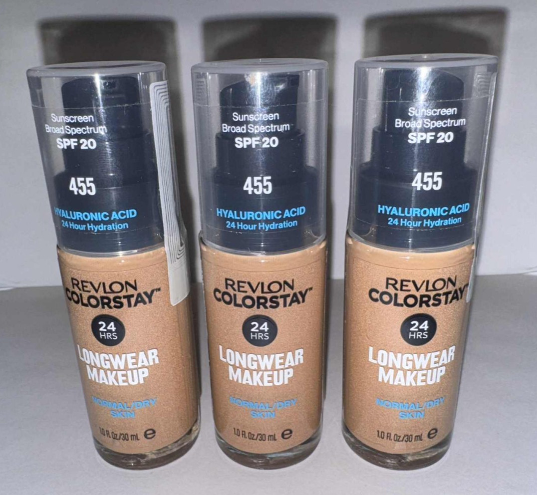 X3 Bottles~ REVLON LONGWEAR Hyaluronic Acid Makeup Foundation ~ 455 HONEY BEIGE