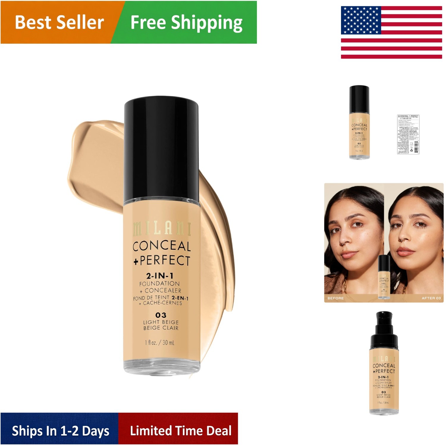 Conceal + Perfect Liquid Foundation 1 Fl. Oz – Light Beige, Satin Matte Finish