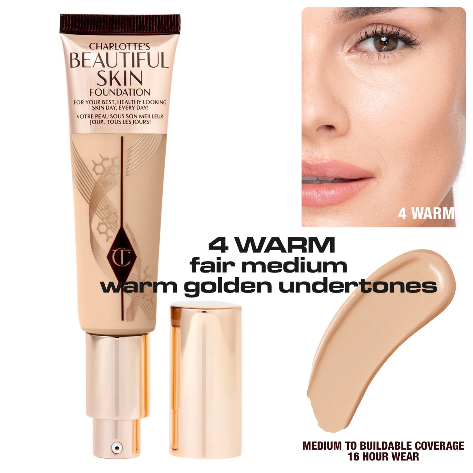 CHARLOTTE TILBURY Beautiful Skin Foundation 1 oz./30 ml. NIB #4 Warm MSRP $49