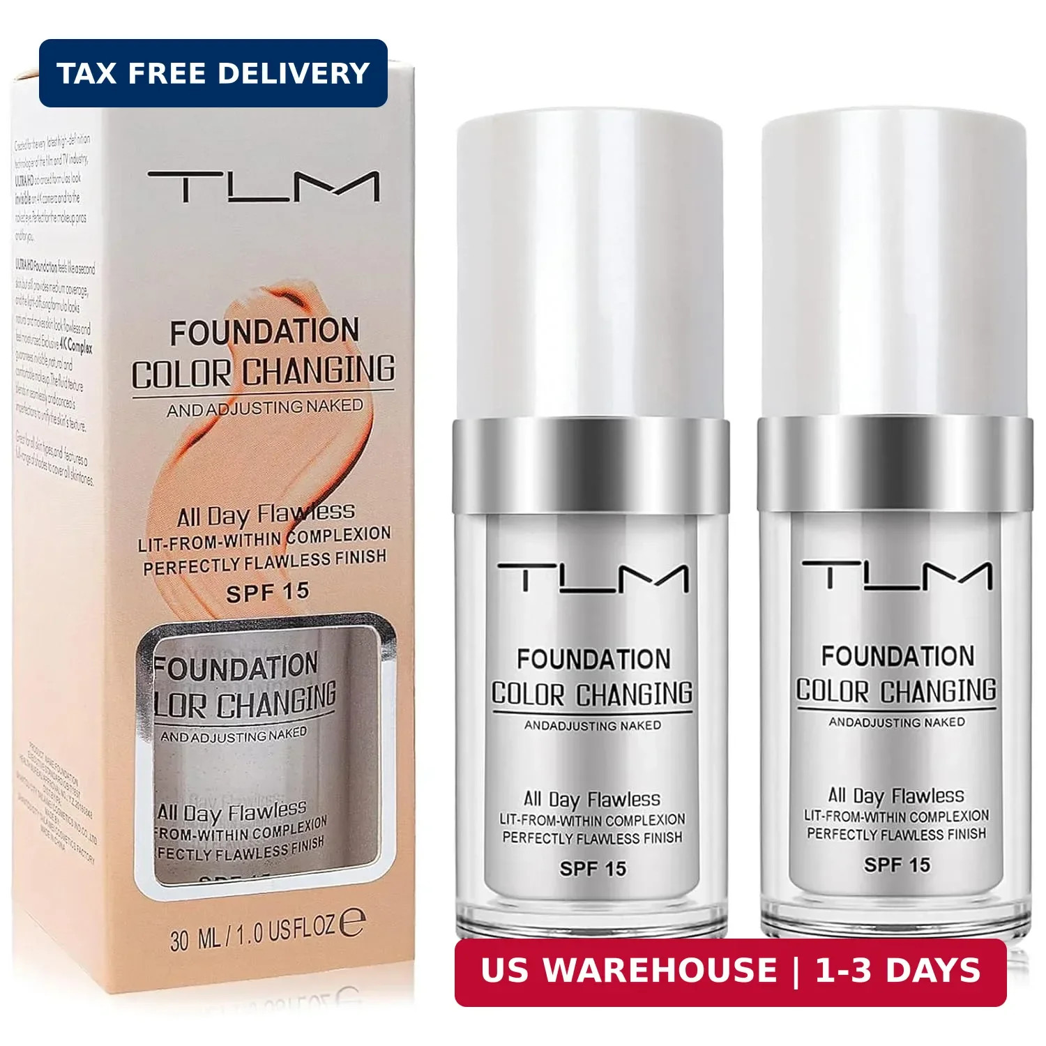 2 PACK TLM Color Changing Foundation Liquid Base,TLM Concealer Cover Cream,All D