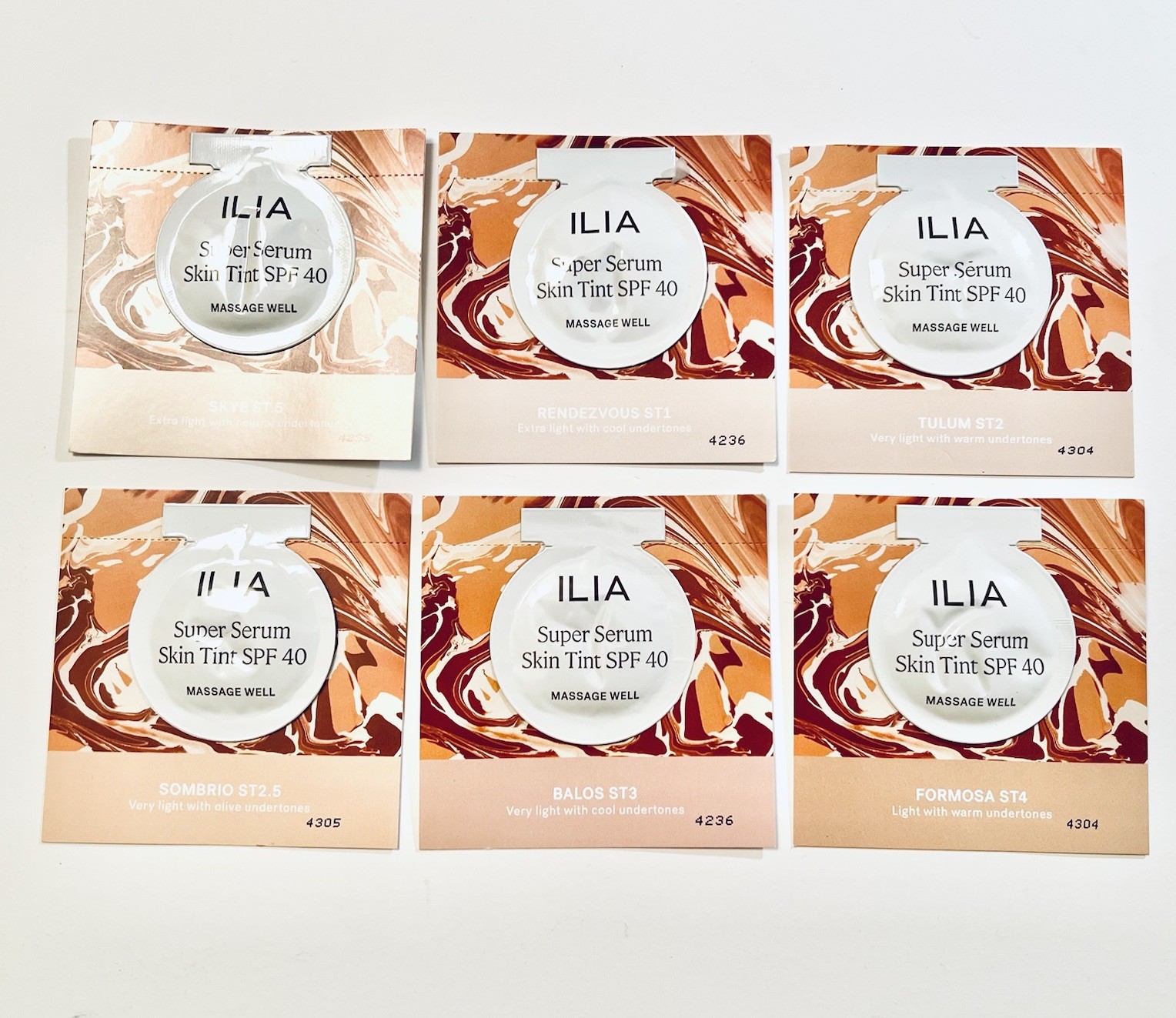 ILIA Super Serum Skin Tint SPF 40 Samples Set x6 Fair to Light Skin Tint Samples