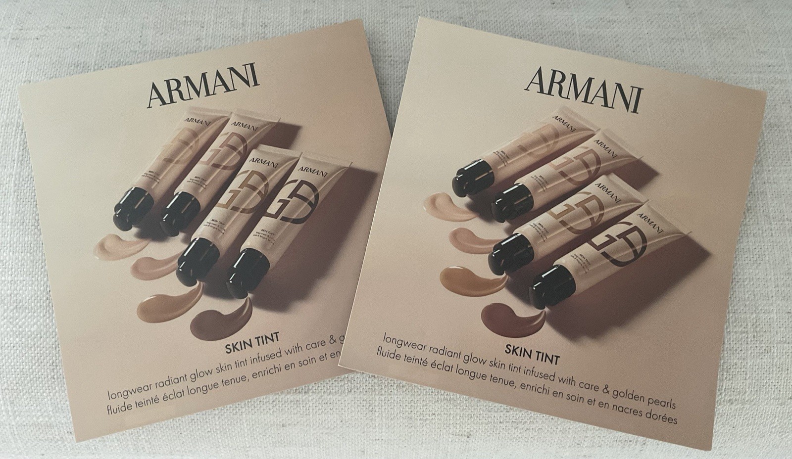 2 x Giorgio Armani Skin Tint Radiant Glow Foundation Samples F3 M1 T1 D3 on card