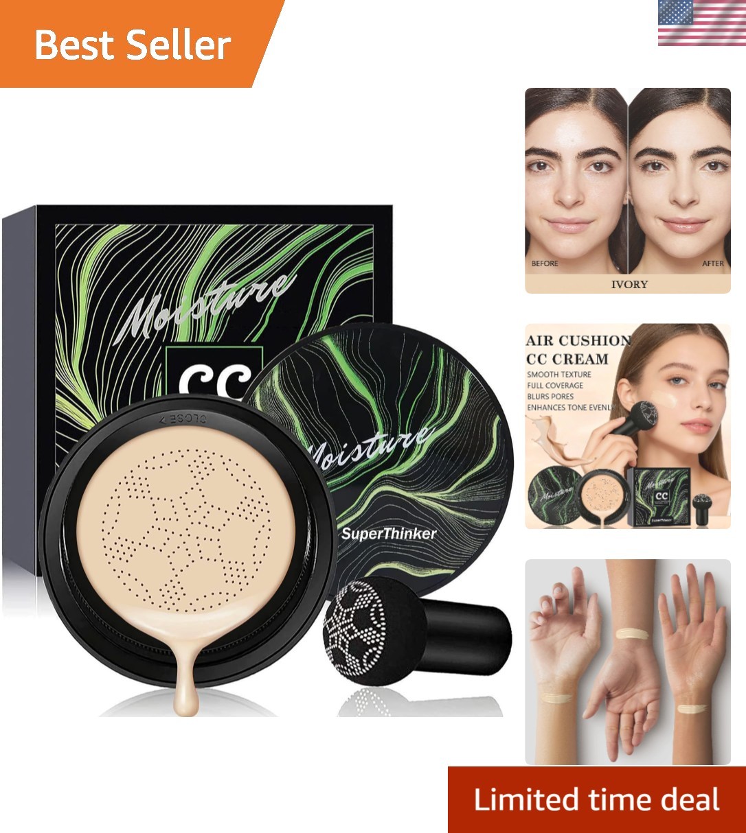 Air Cushion CC Cream Foundation – Full Coverage Moisturizing Makeup in Ivory