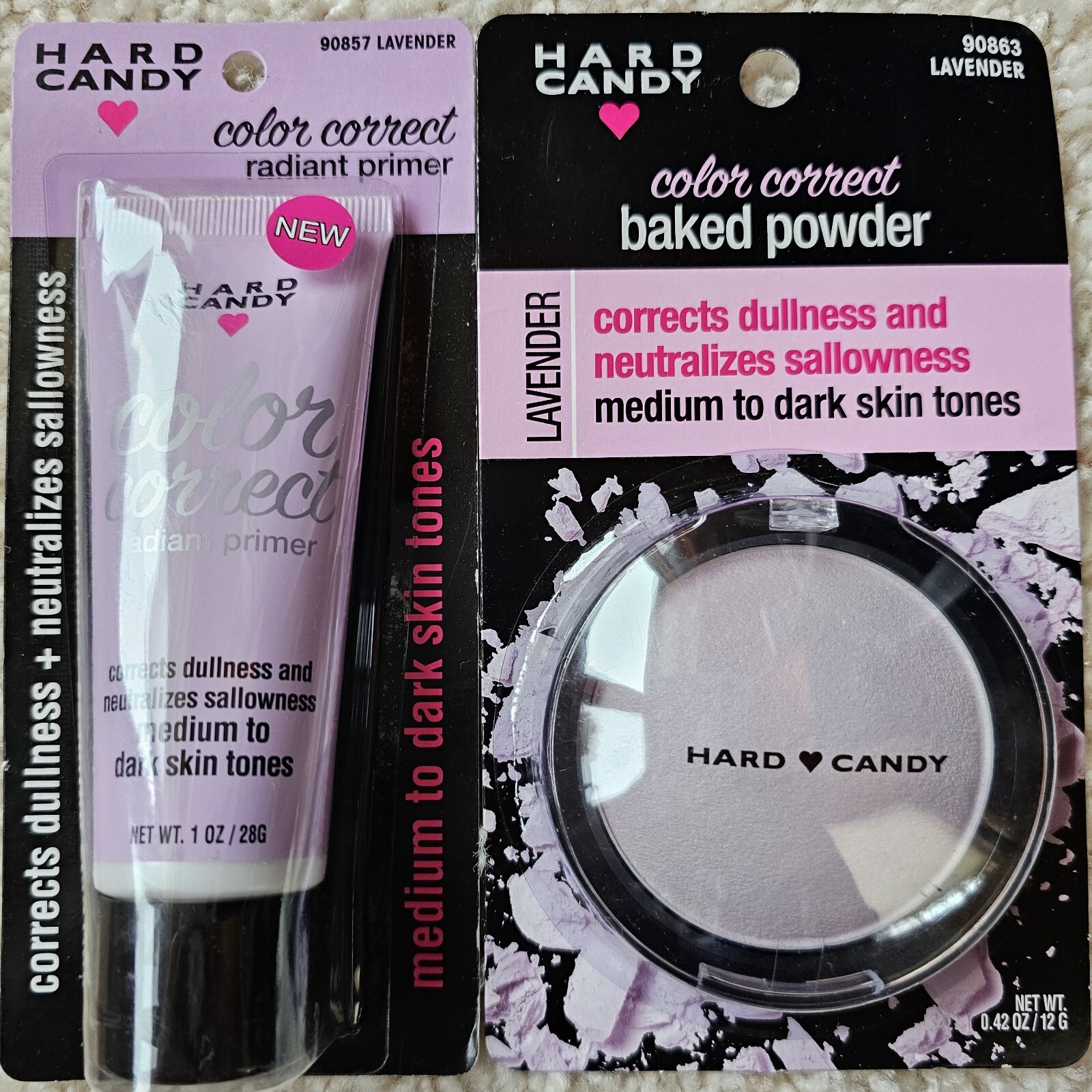 Hard Candy Med-Dark Skin Tones Makeup LAVENDER Radiant Primer &Baked Powder Set