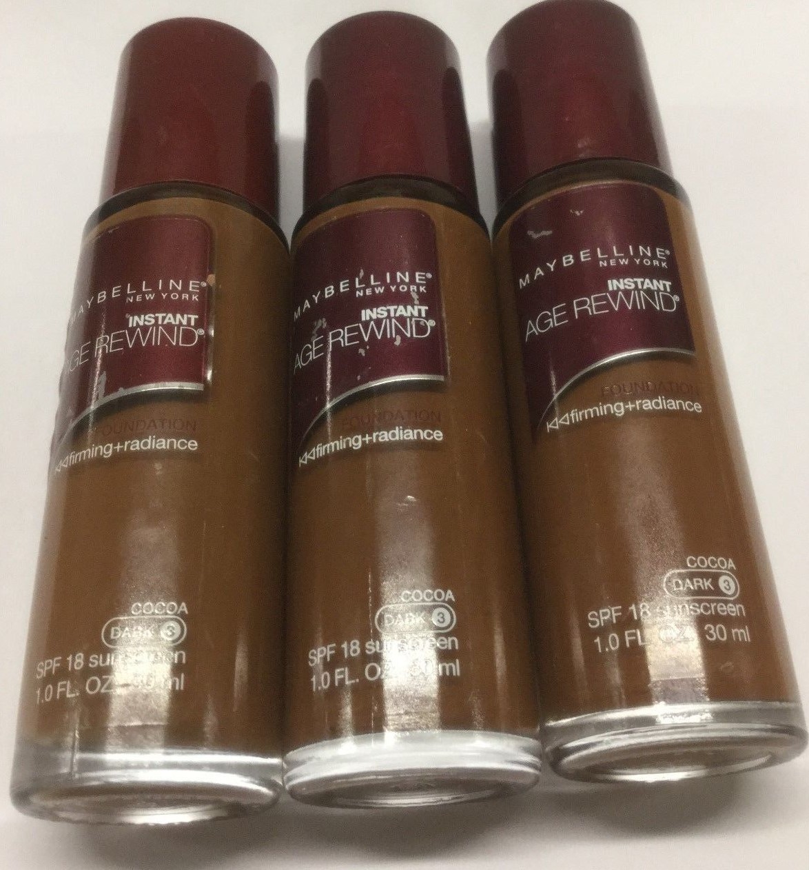 3 X Maybelline Instant Age Rewind Foundation SPF18 Cocoa (Dark-3) NEW.